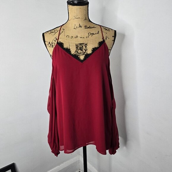 Red Cold Shoulder Black Lace Trim Chiffon Sleeve Express Top Medium - Picture 5 of 9